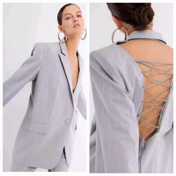 Maeve Reilly x BCBGMaxAzria Formosa Lace-Up Blazer Sz Medium Gray Striped NWT - Picture 1 of 12